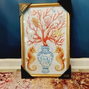 NWT 12 X 18 Inch Sapna Shah Seahorses With Shells And Coral Wall Art